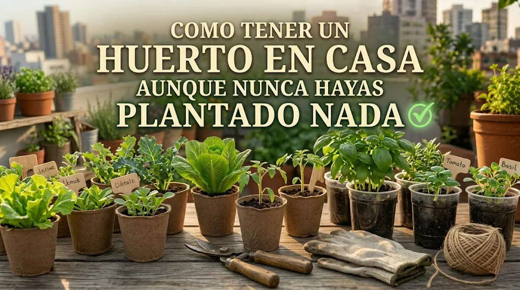 Huerto doméstico en terraza con macetas y el título Cómo Tener un Huerto en Casa Aunque Nunca Hayas Plantado Nada.