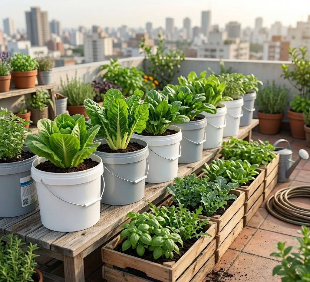 Fila de baldes de pintura reciclados y cajones de madera acondicionados con hortalizas de hoja verde creciendo de forma óptima en una terraza iluminada.