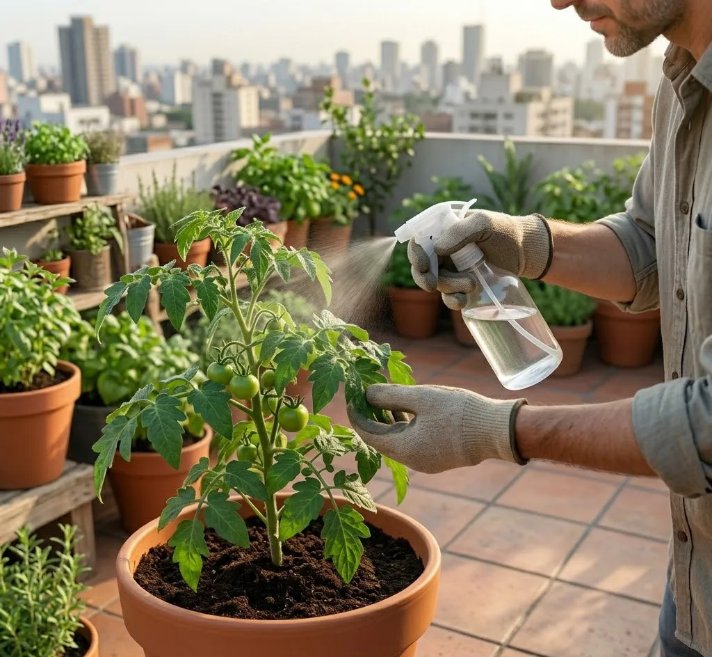 Persona aplicando una solución ecológica con un atomizador manual sobre las hojas de una planta de tomate que crece en una maceta en un balcón.