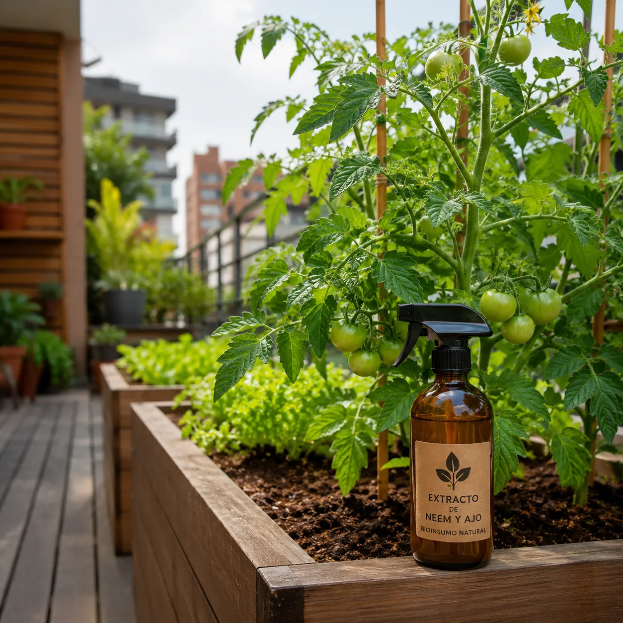 Un huerto urbano ordenado en una terraza moderna, donde se aprecian plantas de tomate sanas con hojas verdes vibrantes libres de plagas, y una botella de vidrio ámbar con atomizador que contiene extracto de bioinsumo natural sobre el borde de madera.
