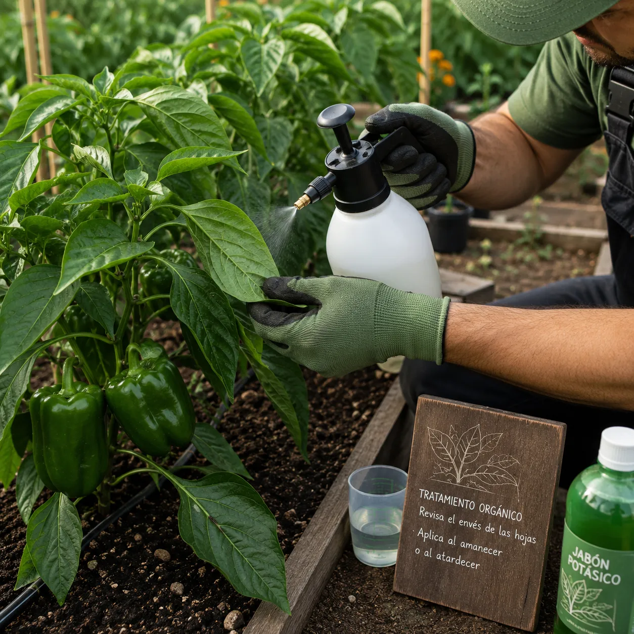 Un horticultor aplicando un tratamiento líquido transparente con un pulverizador manual sobre el envés de las hojas de una planta de pimiento, en un entorno de huerto limpio y ordenado.