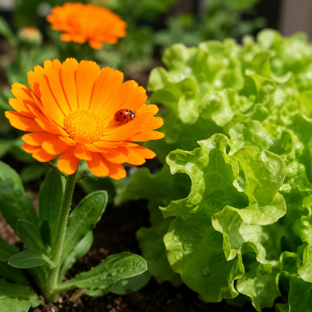 Primer plano de una flor de caléndula de color naranja brillante creciendo junto a plantas de lechuga verde, con una mariquita caminando sobre uno de sus pétalos en un entorno soleado.
