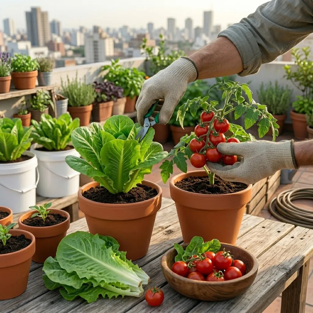 Primer plano de una mano recolectando hojas frescas de lechuga y tomates cherry maduros cultivados en macetas de terracota sobre una mesa de madera.