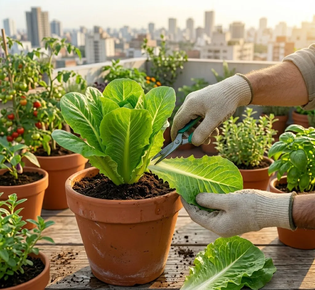 Manos detalladas recolectando con cuidado las hojas exteriores de una planta de lechuga de un contenedor de terracota en un ambiente doméstico.