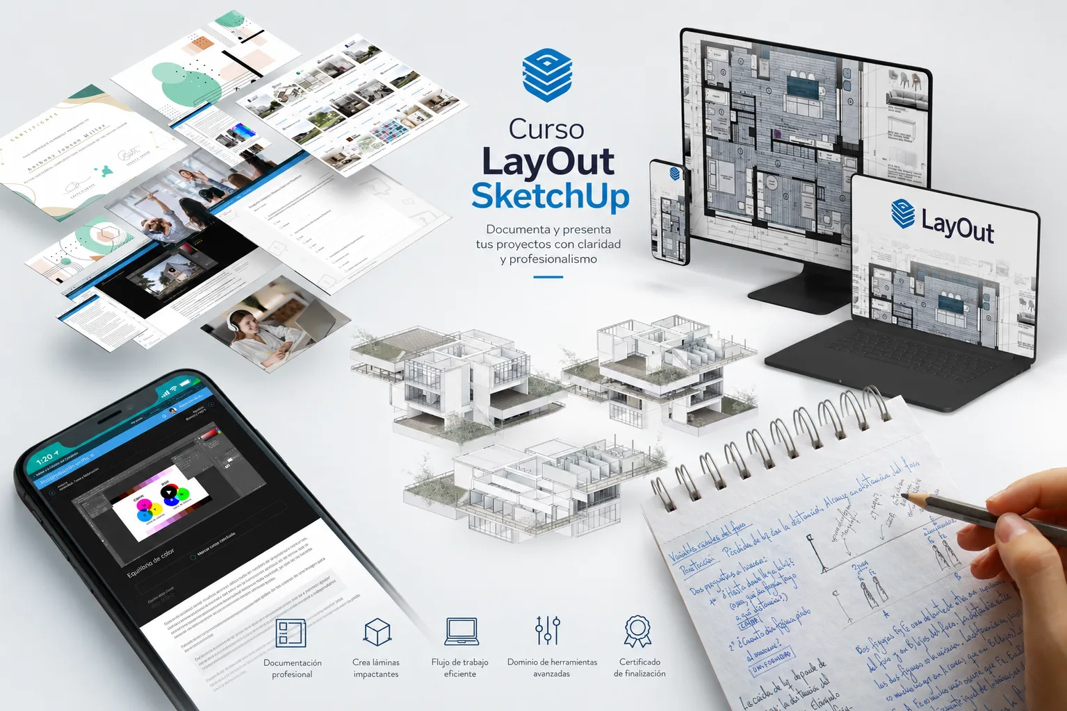 Composición visual del Curso LayOut SketchUp con pantallas de proyectos arquitectónicos, interfaz de curso online, dispositivos digitales y documentación profesional de presentación arquitectónica.