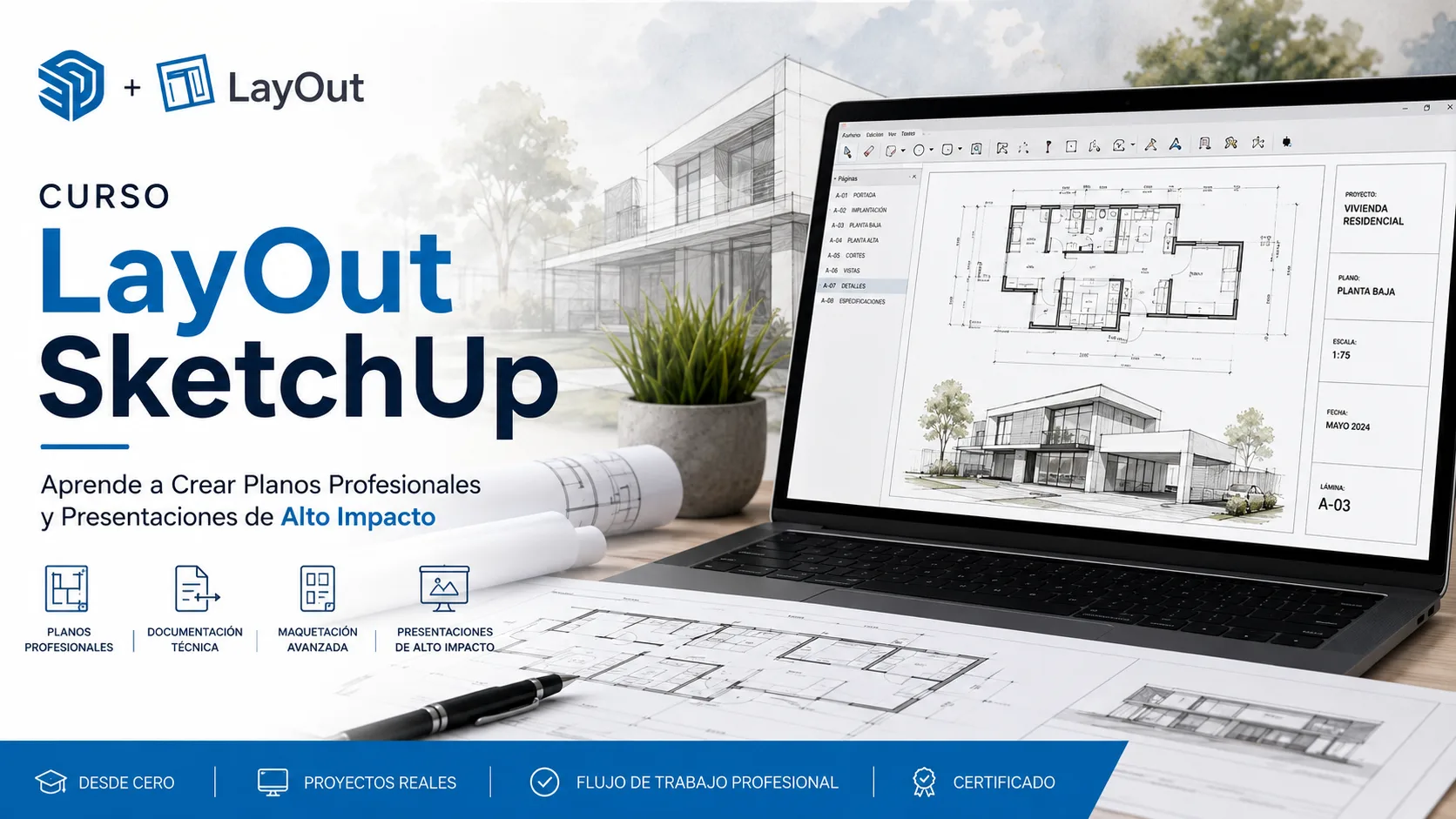 Diseñador arquitectónico trabajando en LayOut SketchUp creando planos técnicos profesionales y presentaciones de alto impacto en un espacio moderno y minimalista.