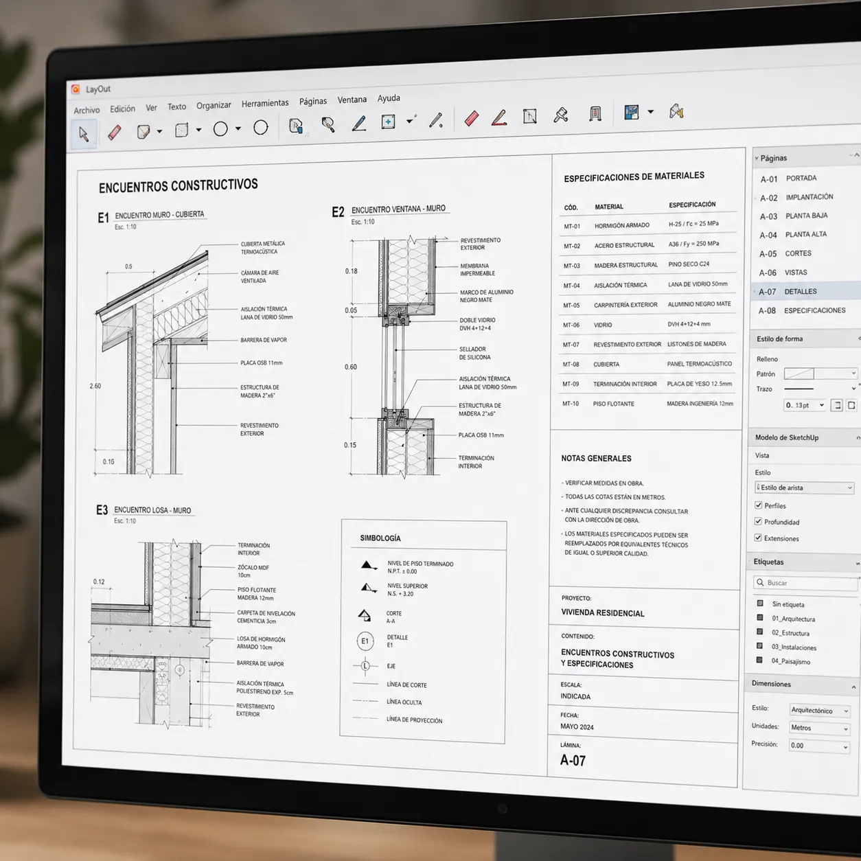 Primer plano detallado de una pantalla de diseño profesional mostrando el desarrollo de encuentros constructivos, cotas técnicas y especificaciones de materiales en un entorno de maquetación limpio.