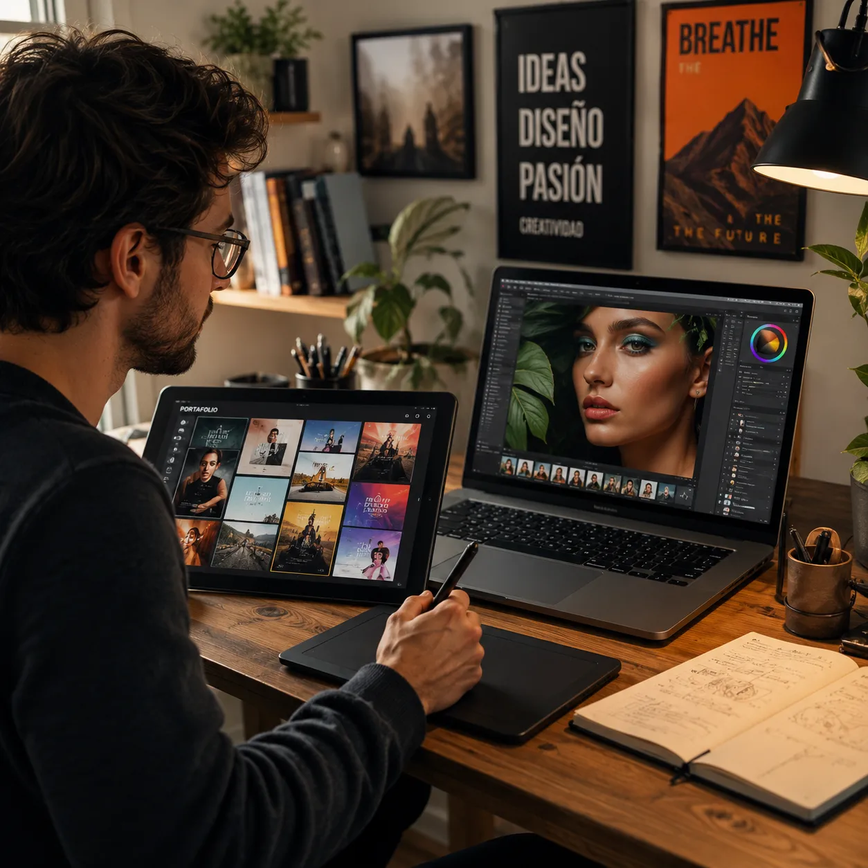 Un profesional creativo analizando su portafolio de diseños en una tableta gráfica y una laptop, con muestras de retoque fotográfico y posters de alta calidad, ambiente de oficina en casa acogedor.