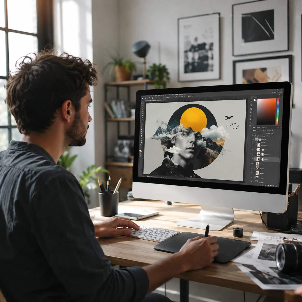 Fotografía fotorrealista de un diseñador joven trabajando en un estudio luminoso y ordenado, utilizando Photoshop en una pantalla de gran formato para crear una composición artística moderna.