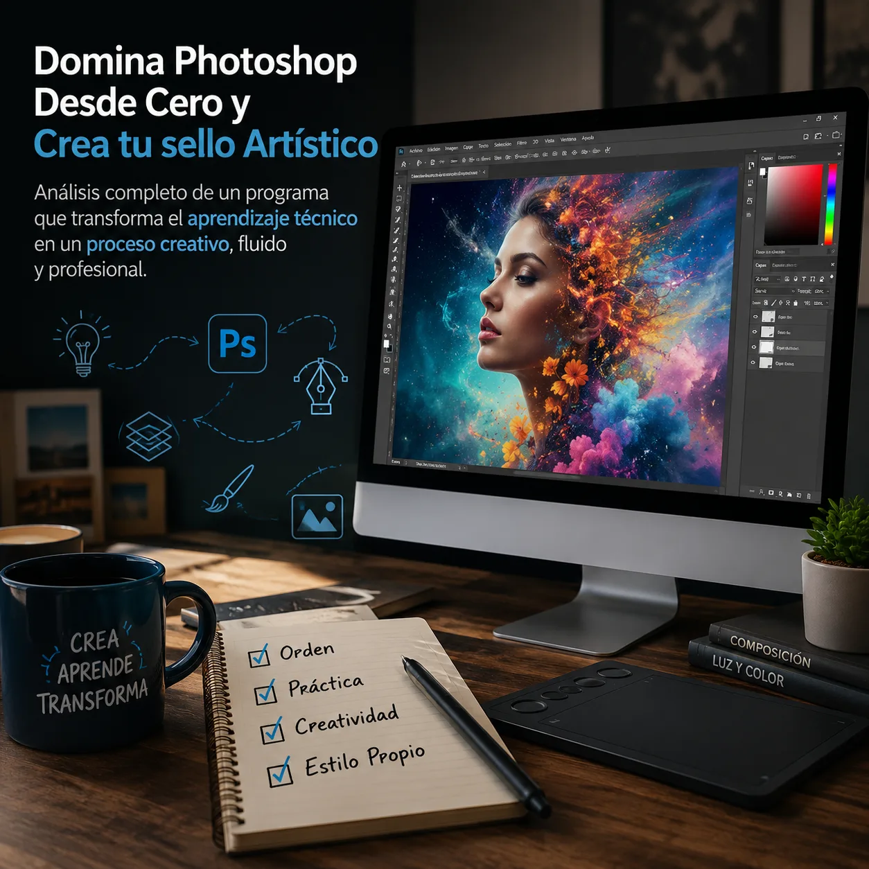 Espacio de trabajo creativo con Photoshop abierto en una computadora mostrando una ilustración digital artística, acompañado de una tableta gráfica y elementos de aprendizaje visual sobre creatividad y diseño digital.