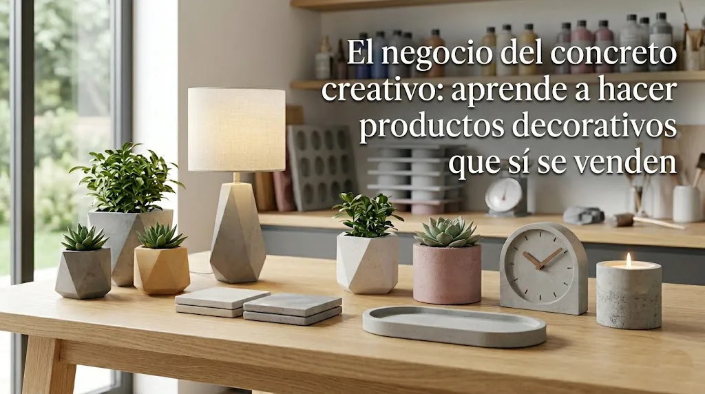 Imagen destacada en formato 16:9 de un taller de diseño moderno con piezas de concreto decorativo y el título "El negocio del concreto creativo: aprende a hacer productos decorativos que sí se venden" en tipografía blanca elegante.