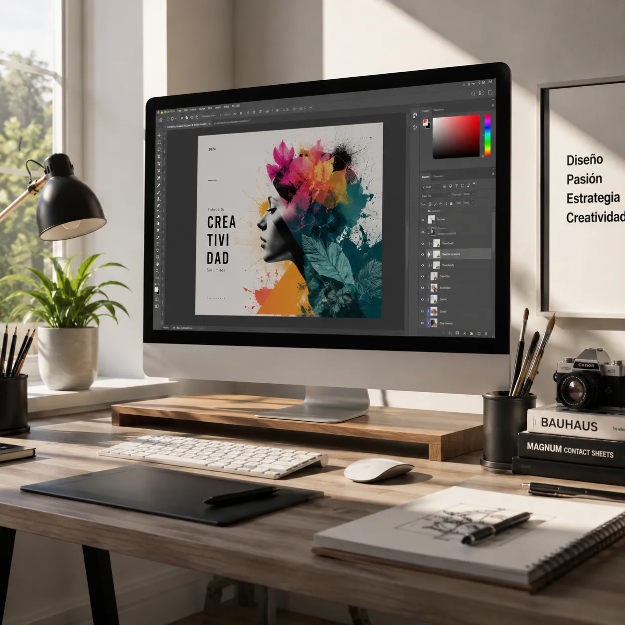 Escritorio de diseño minimalista con una computadora de gran pantalla mostrando una composición artística vibrante, luz natural entrando por la ventana y elementos de papelería fina alrededor.