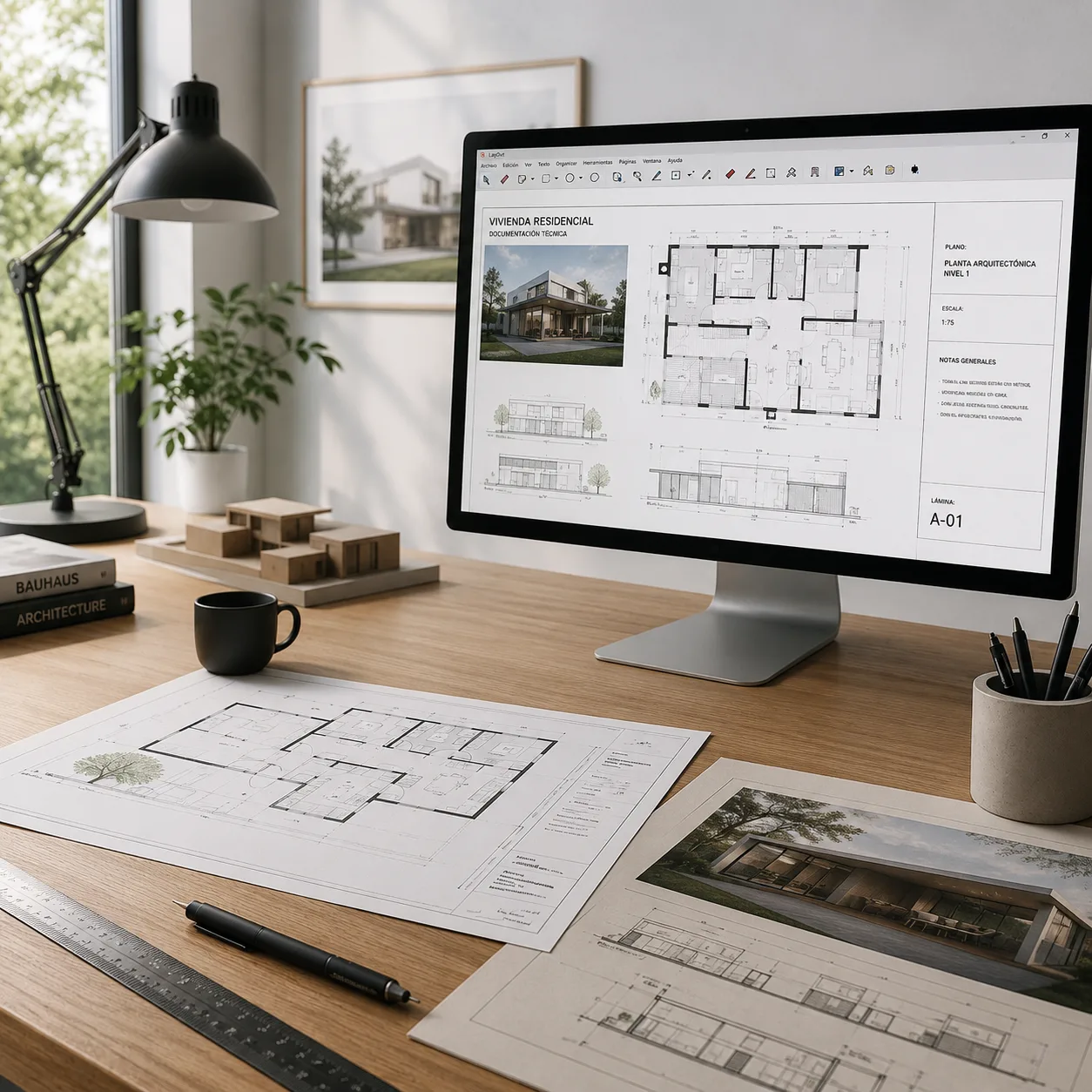 Espacio de trabajo de arquitectura minimalista y luminoso, mostrando planos impresos sobre un escritorio de madera y un monitor de alta resolución con el proceso de documentación técnica y maquetación de un proyecto residencial.
