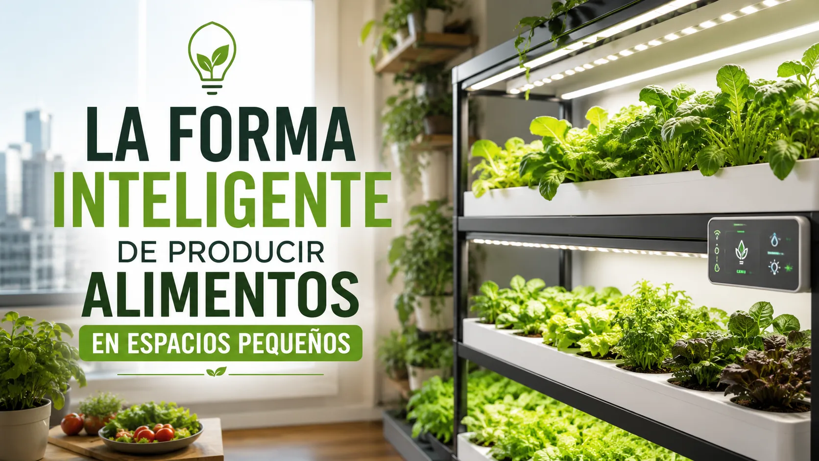 Sistema moderno de cultivo en espacios pequeños con verduras frescas creciendo en estanterías iluminadas dentro de un departamento urbano.