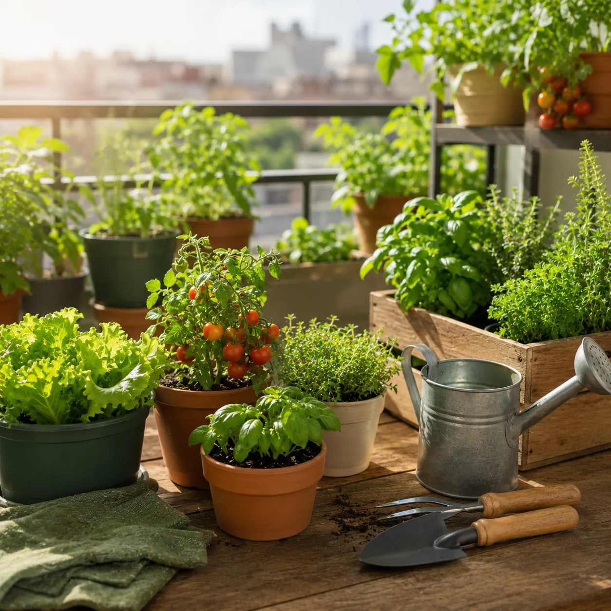 Huerto urbano en macetas sobre un balcón soleado con plantas aromáticas, tomates y herramientas de jardinería.