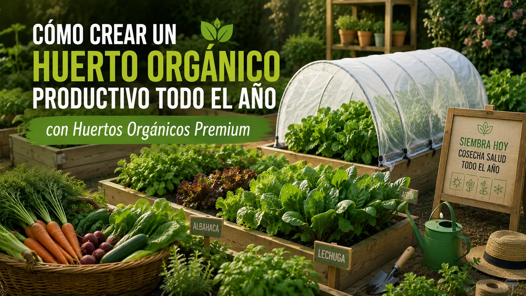 Huerto orgánico productivo durante todo el año con camas de cultivo elevadas, hortalizas saludables, sistema de riego eficiente y planificación sostenible utilizando el método Huertos Orgánicos Premium.