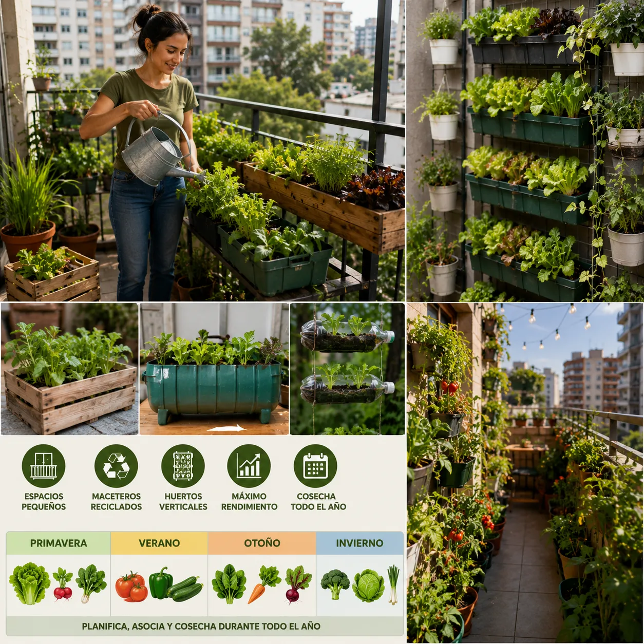 Huerto urbano vertical en balcón pequeño con maceteros reciclados, cultivos variados y aprovechamiento eficiente del espacio para producir alimentos en casa.