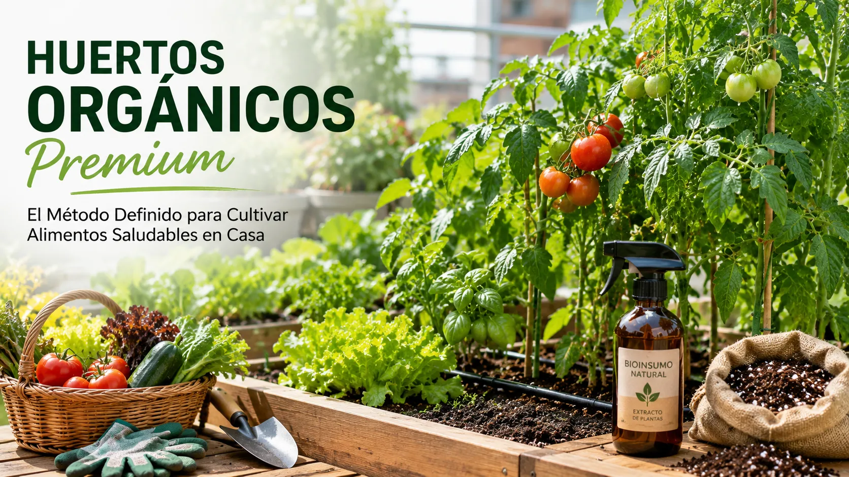 Huerto orgánico premium en terraza moderna con tomates, lechugas y hortalizas saludables cultivadas en camas elevadas, utilizando bioinsumos naturales y técnicas de agricultura sostenible en casa.