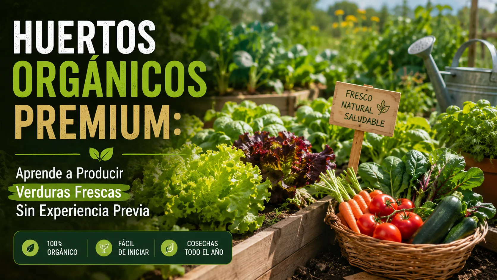 Huerto orgánico productivo con lechugas, tomates y otras verduras frescas cultivadas en casa, ideal para aprender agricultura orgánica sin experiencia previa.