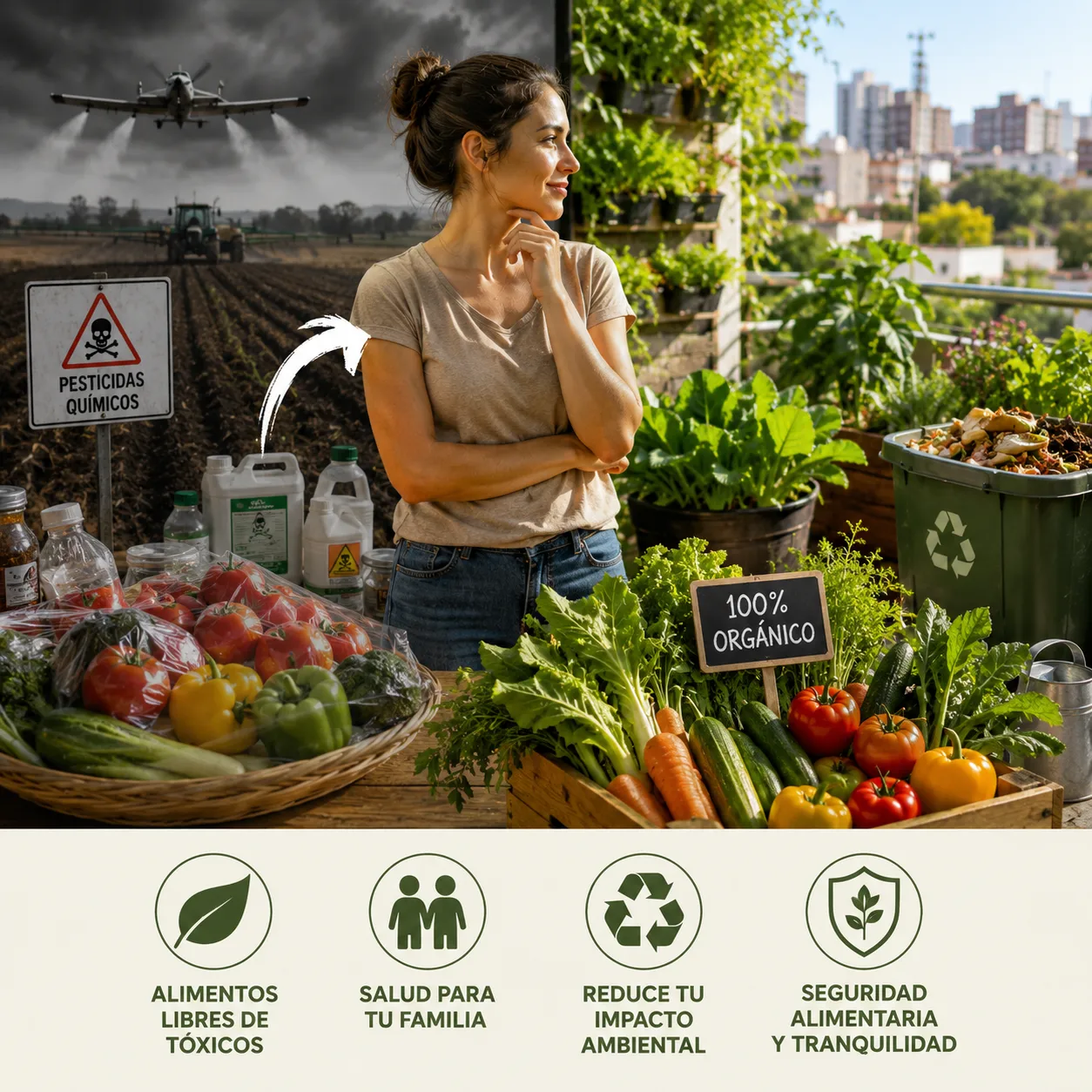 Huerto orgánico urbano con vegetales frescos, compostaje y cultivo sustentable en casa como alternativa saludable y ecológica frente a los alimentos comerciales.
