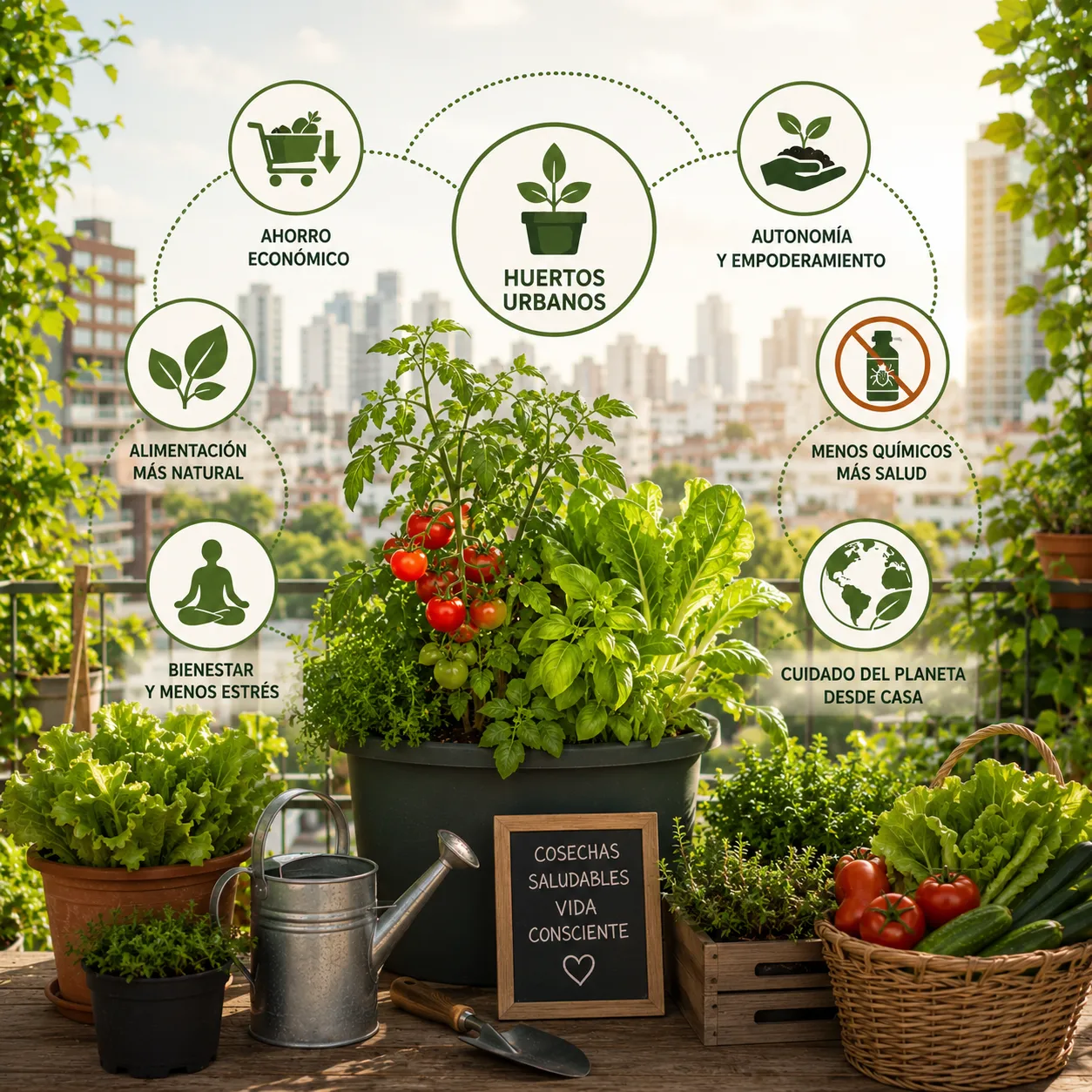 Infografía sobre los beneficios de los huertos urbanos con macetas de vegetales, íconos de bienestar, ahorro y alimentación saludable en una terraza urbana.