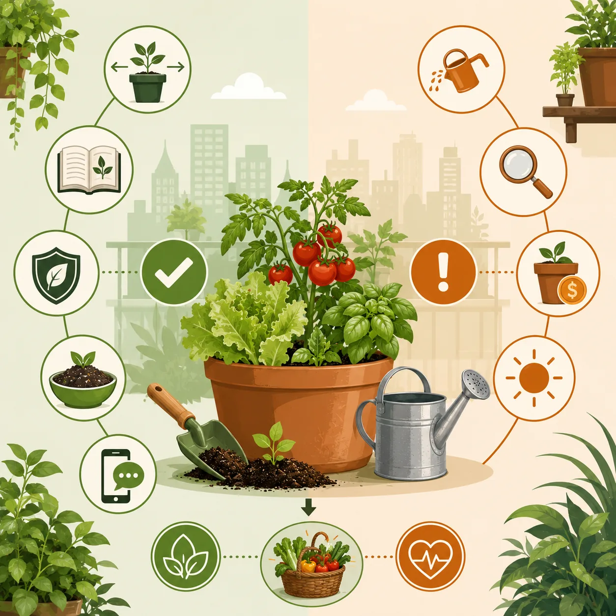 Ilustración minimalista sobre huertos urbanos en macetas con íconos de cultivo, riego, luz solar y alimentos saludables.
