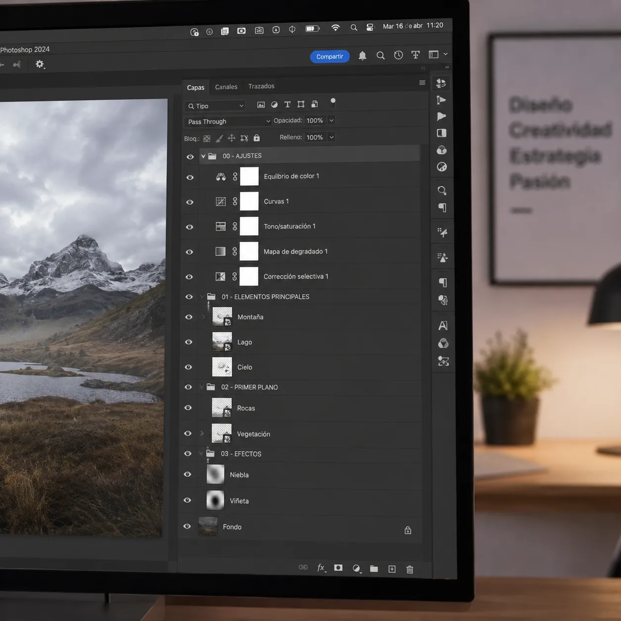 Una vista cercana y fotorrealista de la interfaz de Adobe Photoshop en un monitor de alta resolución, enfocándose en el panel de capas organizado con nombres claros y carpetas, rodeado de un entorno de estudio de diseño minimalista.