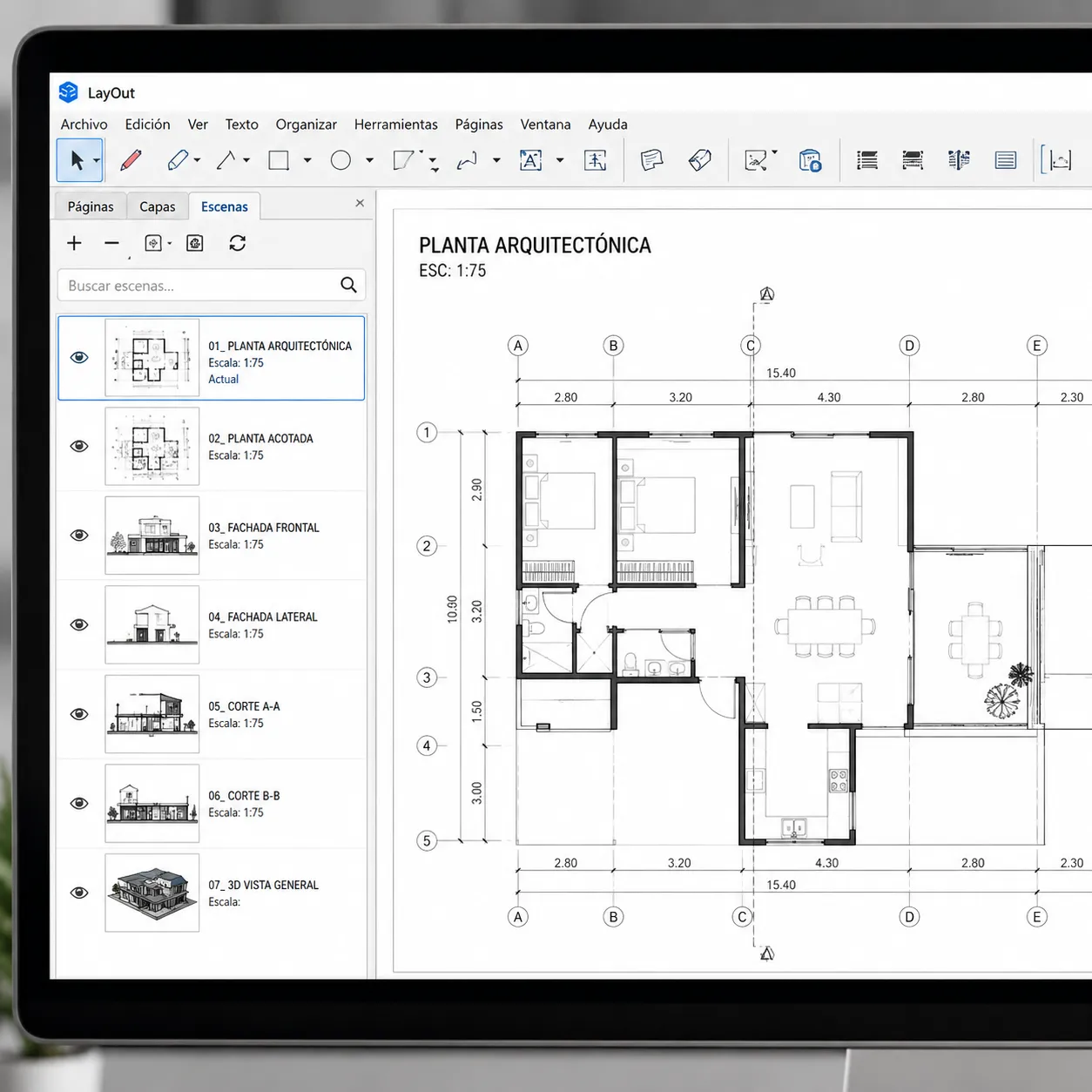 Vista de primer plano de una pantalla de computadora con la interfaz de software de modelado 3D, mostrando el panel lateral de escenas organizadas y una planta arquitectónica en proyección paralela con líneas negras limpias.