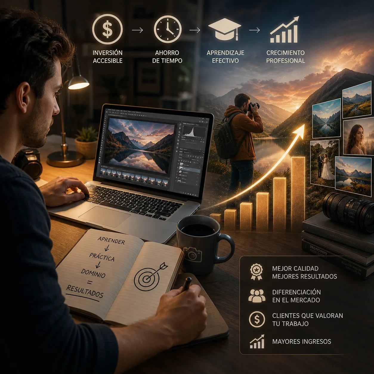 Editor fotográfico trabajando en Photoshop en un espacio creativo, acompañado de gráficos de crecimiento y elementos visuales que representan aprendizaje, mejora profesional y aumento del valor de su trabajo creativo.