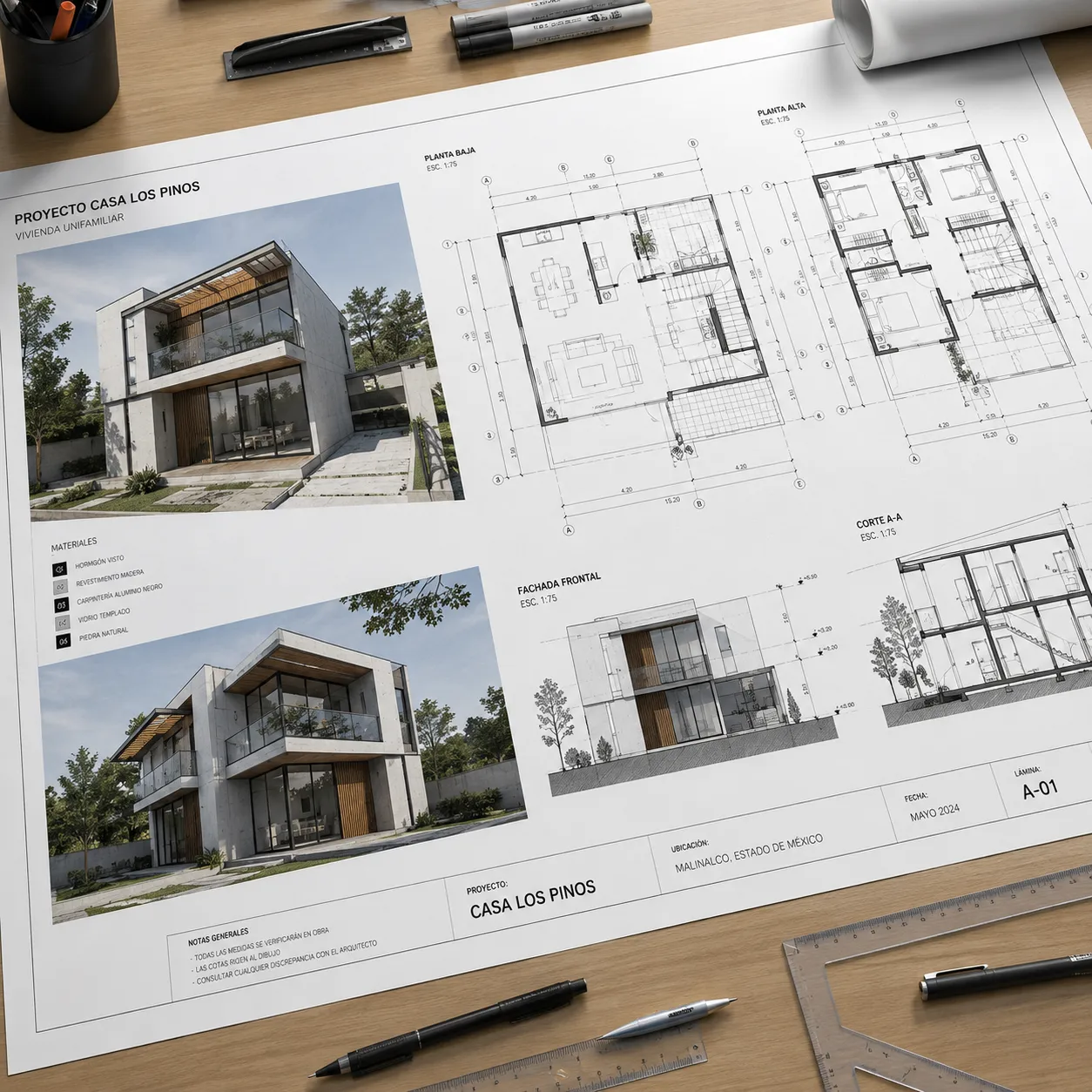 Una lámina de arquitectura impresa en formato grande extendida sobre una mesa de dibujo, mostrando una combinación de renders en perspectiva a color con planos técnicos detallados y acotaciones precisas.
