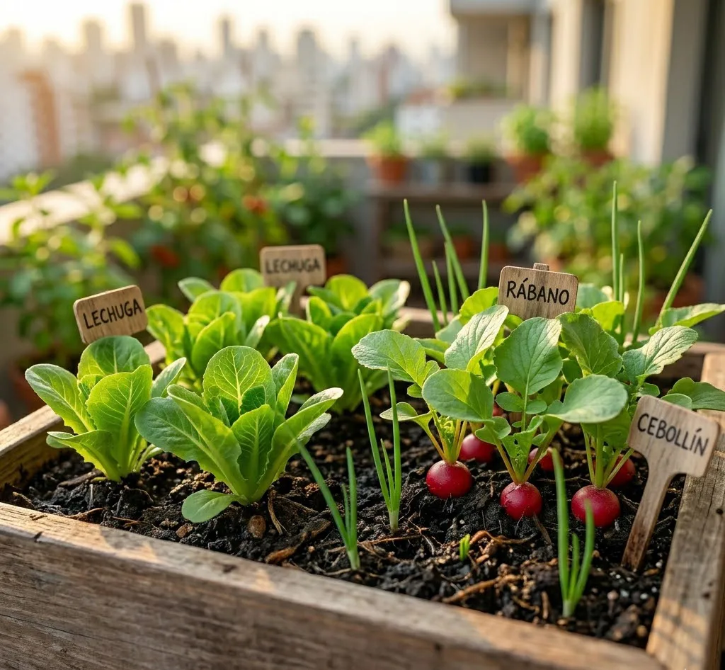 Primer plano de una jardinera rectangular donde coexisten plantas de lechuga, rábanos y brotes de cebollín en un sustrato oscuro enriquecido.