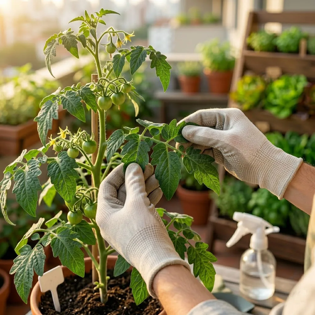Primer plano de unas manos revisando con cuidado el envés de las hojas de una planta de tomate en un balcón, aplicando buenas prácticas de cuidado.