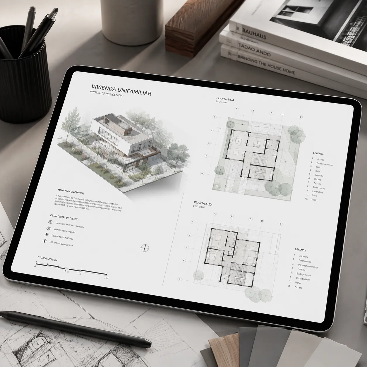 Primer plano de una lámina técnica de arquitectura desplegada en una tablet de alta resolución sobre un escritorio de diseño, mostrando una composición limpia con un render axial y plantas técnicas alineadas con abundante aire visual.
