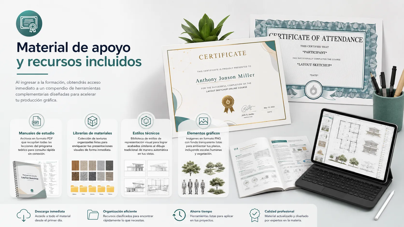 Composición visual de materiales de apoyo del curso LayOut SketchUp con certificados, manuales PDF, librerías de materiales, estilos técnicos y recursos gráficos para documentación arquitectónica profesional.
