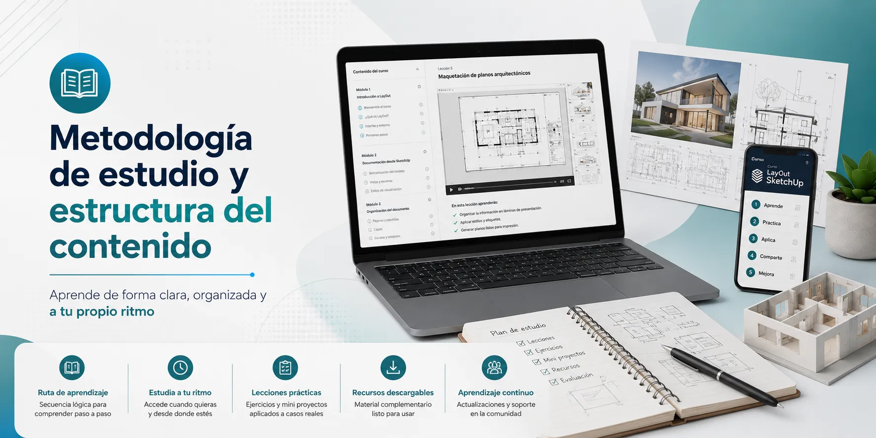 Banner del curso LayOut SketchUp mostrando metodología de estudio, estructura del contenido, laptop con planos arquitectónicos, recursos digitales y aprendizaje práctico organizado.