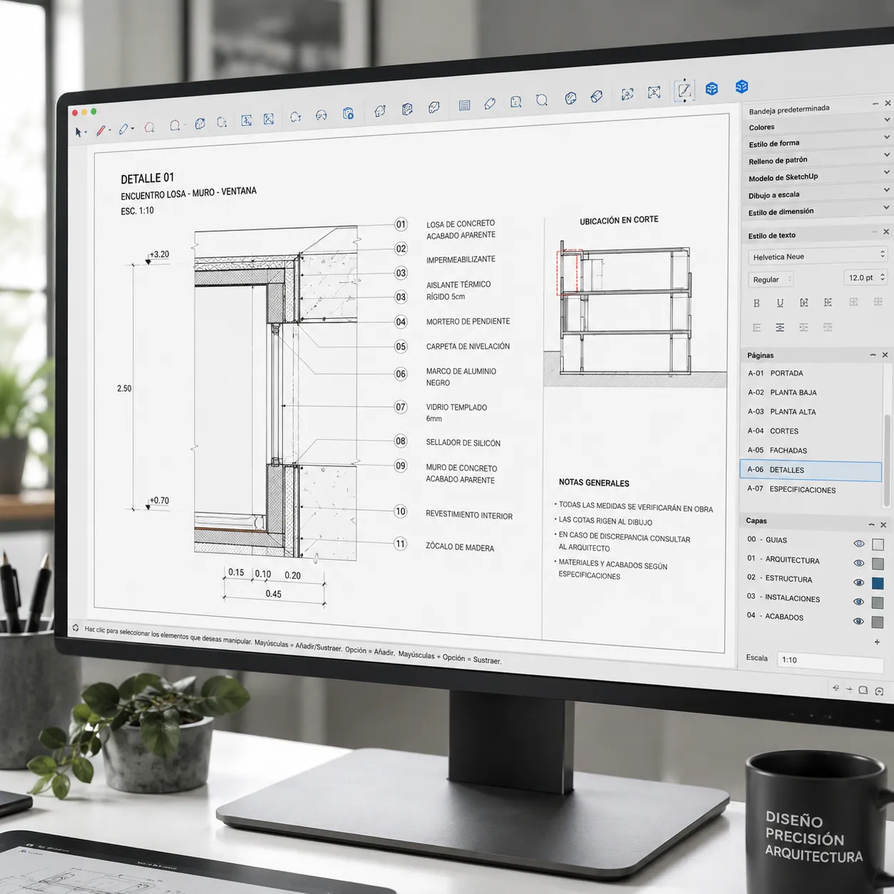 Primer plano de un monitor de diseño profesional en un estudio iluminado, mostrando el proceso de alineación de detalles constructivos a escala y notas técnicas sobre un fondo blanco limpio.