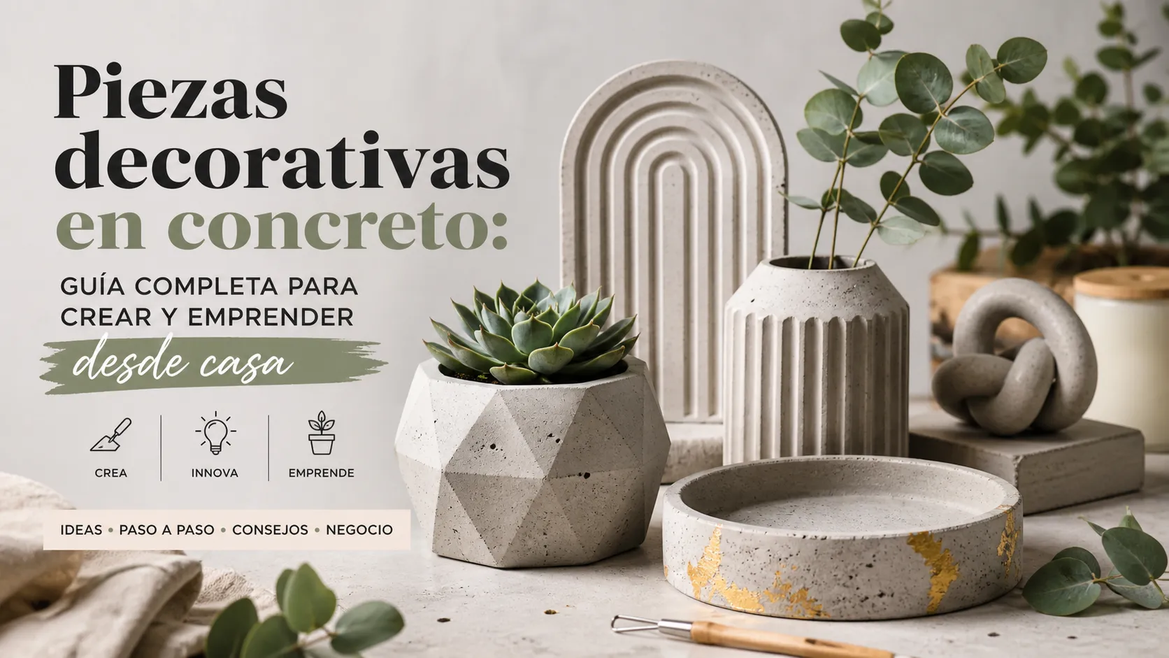 Piezas decorativas en concreto con plantas y diseño moderno, guía para crear y emprender desde casa