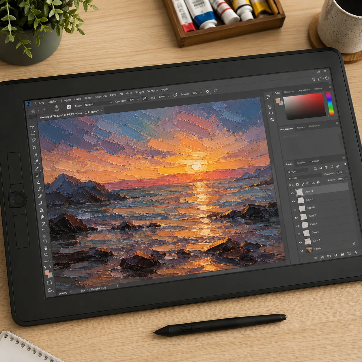 Vista desde arriba de una tableta gráfica sobre un escritorio de madera clara, mostrando en pantalla una composición artística con texturas de pintura al óleo creadas en Photoshop.