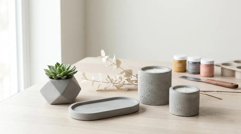 Un plano medio fotorrealista y minimalista en formato horizontal, que muestra una composición elegante de objetos de concreto premium: una maceta geométrica con una suculenta, una bandeja ovalada y un portavelas, todo sobre una superficie de roble claro con luz natural difusa.