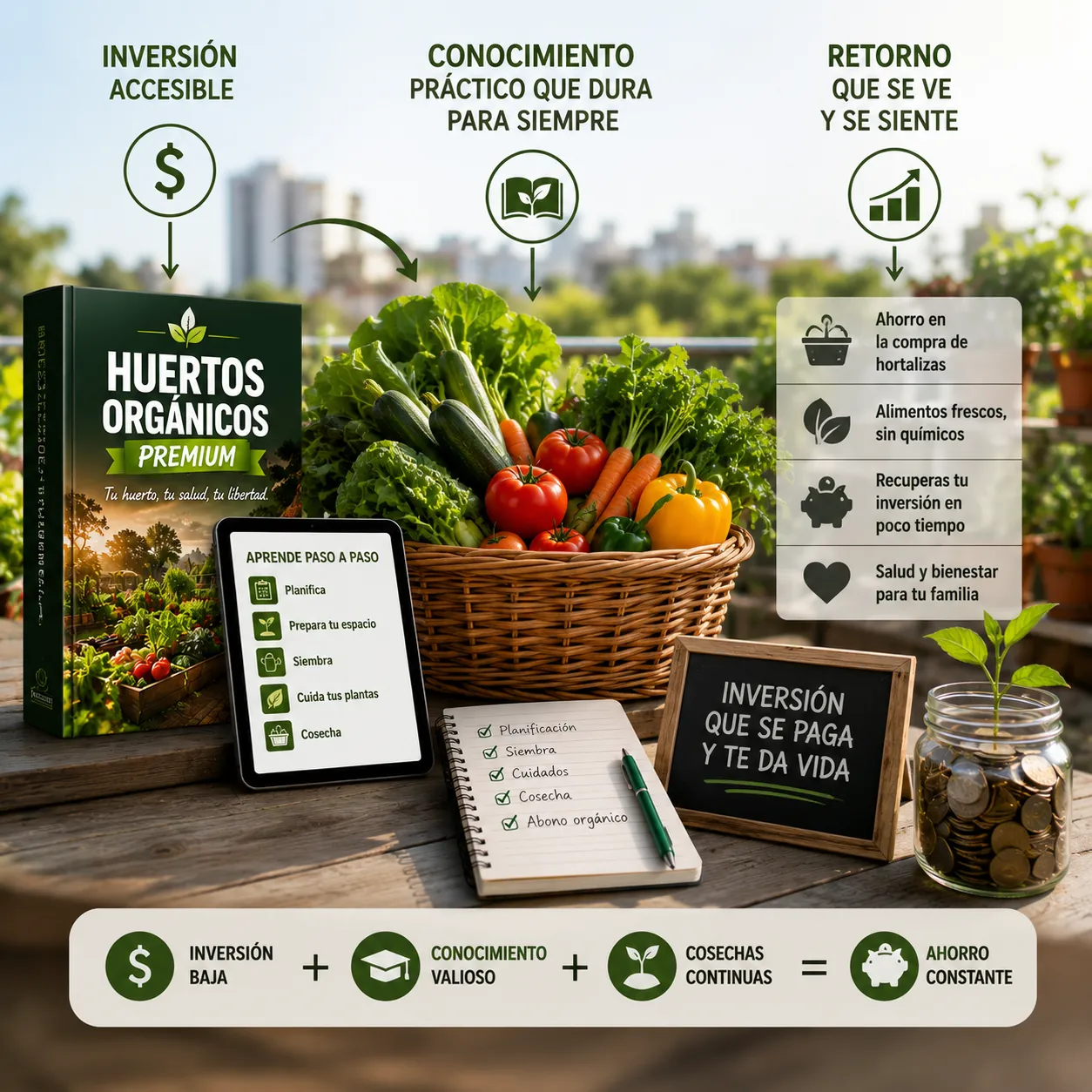 Curso de huertos orgánicos como inversión inteligente con ahorro en alimentos, cosechas saludables y producción sustentable en casa.