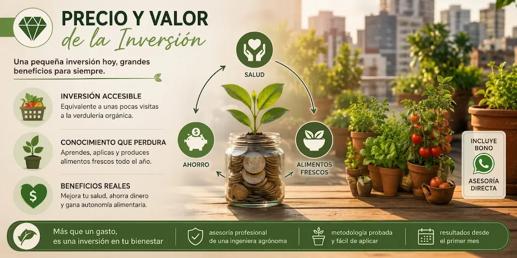 Infografía sobre el precio y valor de la inversión en el manual de huertos en macetas.