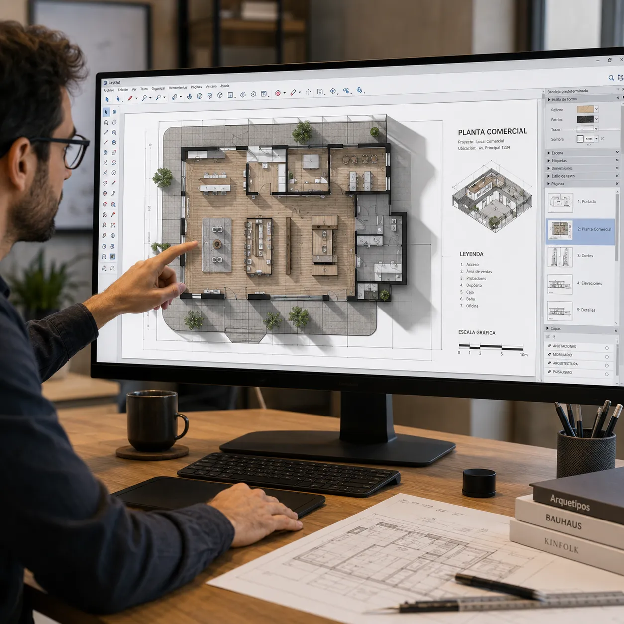 Profesional del diseño señalando una pantalla de computadora de formato ultra ancho donde se observa el proceso de maquetación híbrida de un plano de planta comercial con texturas de madera y sombras realistas.