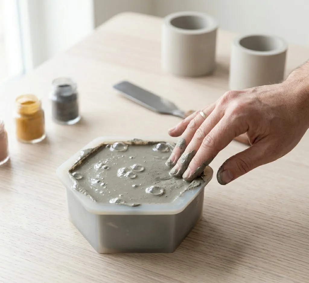 Una mano artesana golpeando suavemente un molde de silicona lleno de concreto fresco sobre una mesa de madera, con burbujas de aire subiendo a la superficie de la mezcla gris.