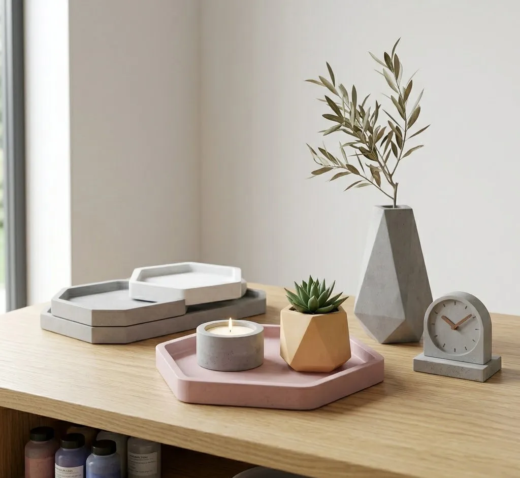 Una composición elegante de productos terminados: una maceta geométrica gris, un porta-incienso minimalista en tono pastel y una bandeja decorativa, presentados en un ambiente iluminado y moderno.