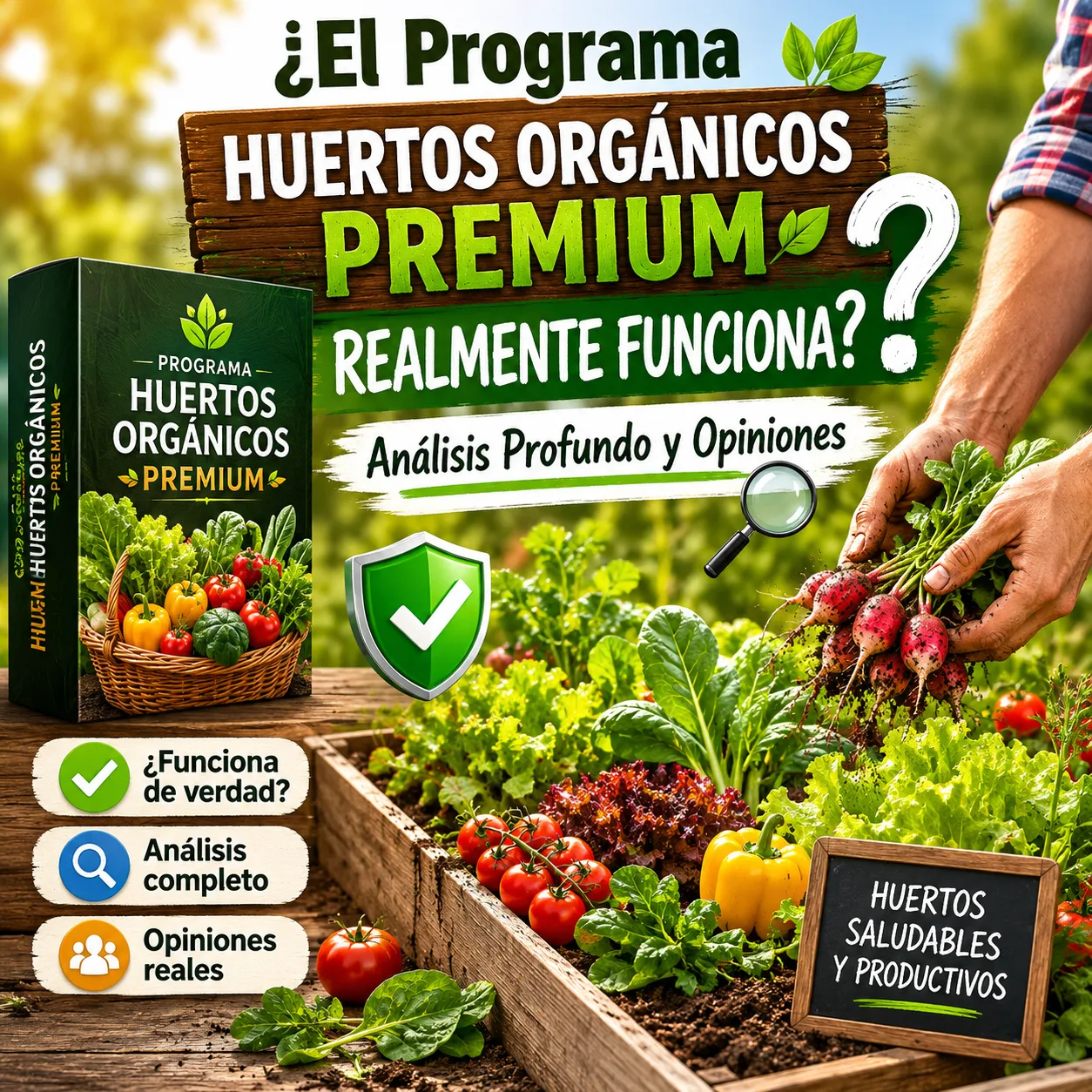 Reseña del Programa Huertos Orgánicos Premium con análisis profundo, opiniones reales y huerto orgánico casero con vegetales frescos.