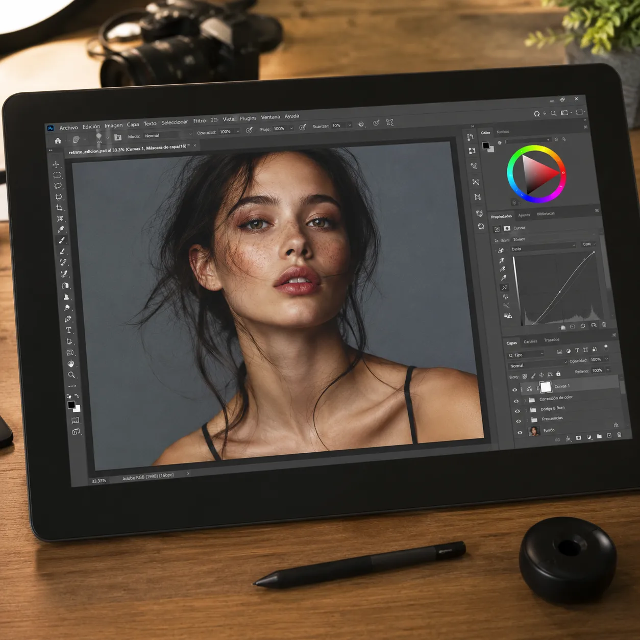 Imagen fotorrealista de una tableta gráfica sobre un escritorio de madera, mostrando en pantalla el proceso de retoque de un retrato profesional, con herramientas de corrección de color visibles en los laterales.
