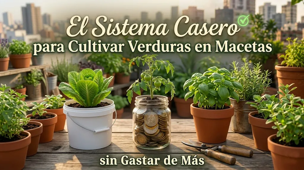 Huerto urbano en terraza con macetas y el texto El Sistema Casero para Cultivar Verduras en Macetas sin Gastar de Más.