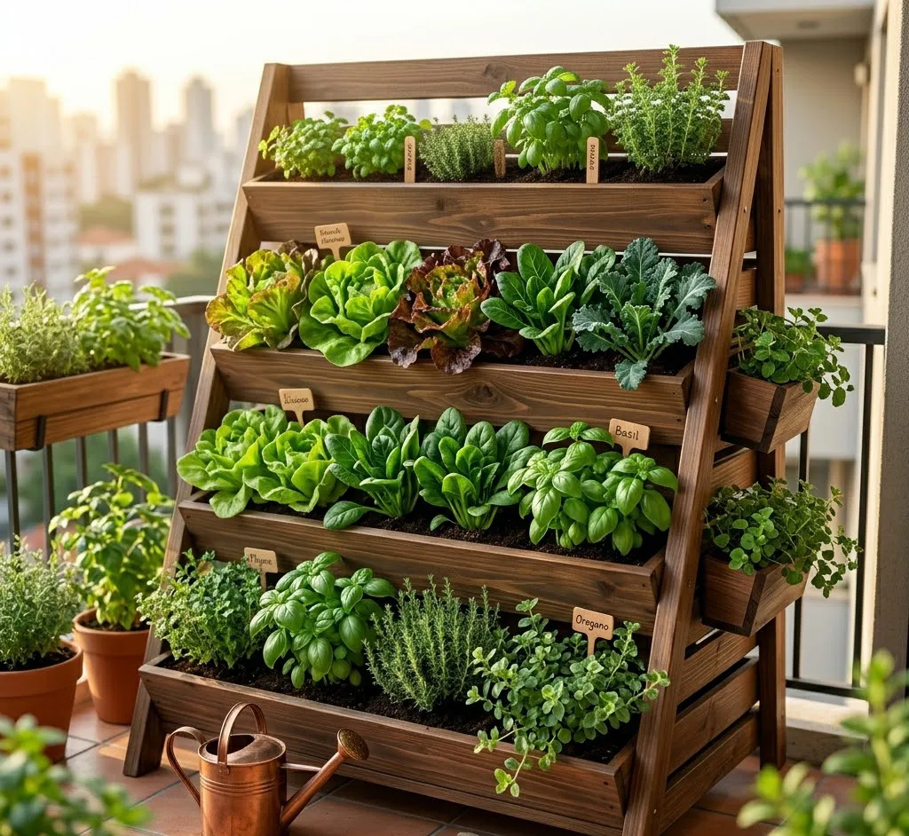 Vista de una estructura de huerto vertical de madera escalonada en un balcón compacto, llena de vegetales de hojas verdes y hierbas aromáticas bajo la luz solar.