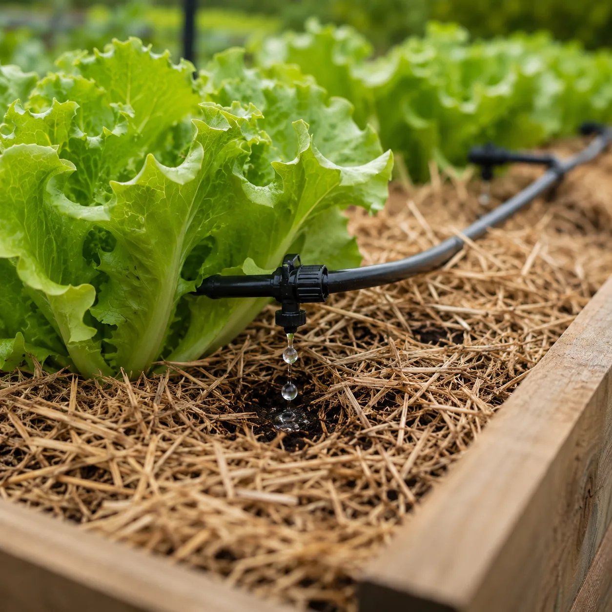 Sistema de riego por goteo instalado con precisión en una cama de cultivo elevada, mostrando pequeñas gotas de agua cristalina saliendo de un microtubo negro directamente sobre la base de una planta de lechuga protegida por una capa de paja seca.