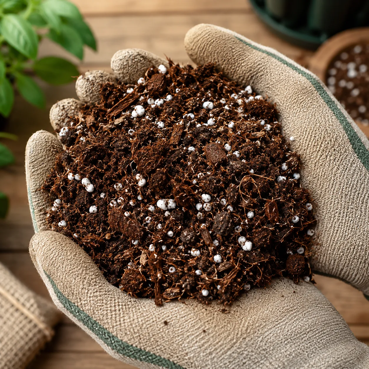Vista en primer plano de un sustrato de cultivo premium mezclado, mostrando texturas esponjosas de fibra de coco, humus de lombriz oscuro y partículas blancas y brillantes de perlita purificada, sostenido por manos con guantes de jardinería sobre una mesa de madera limpia.